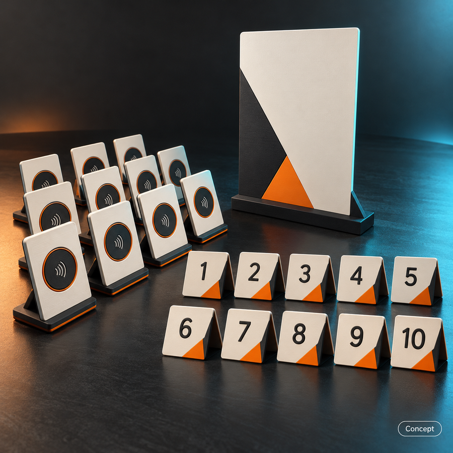 Concept of ten NFC stands, one desk sign and ten table markers in a Business Counter set.
