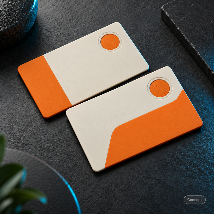 Concept of two ivory and orange printed NFC link cards.