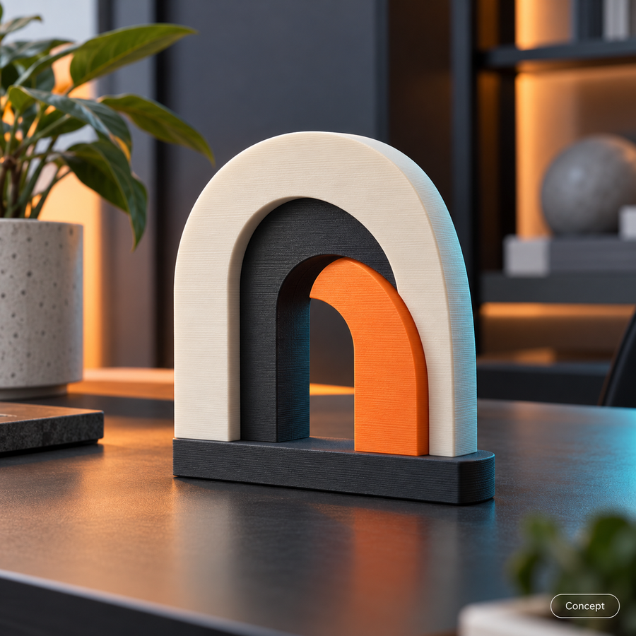 Concept of an abstract multi-color freestanding desk sign in an office.