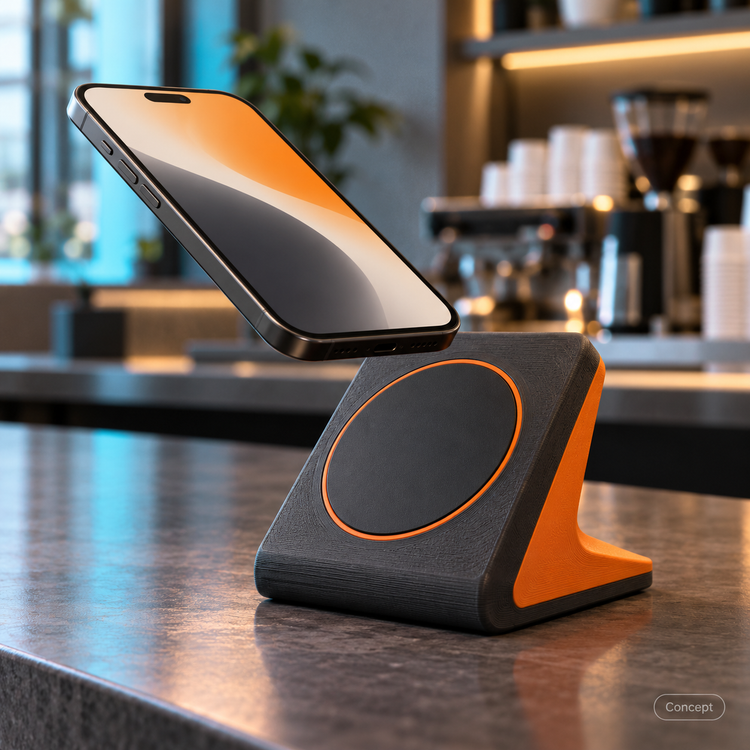 Concept of a charcoal and orange NFC stand with a phone held near its tap area.