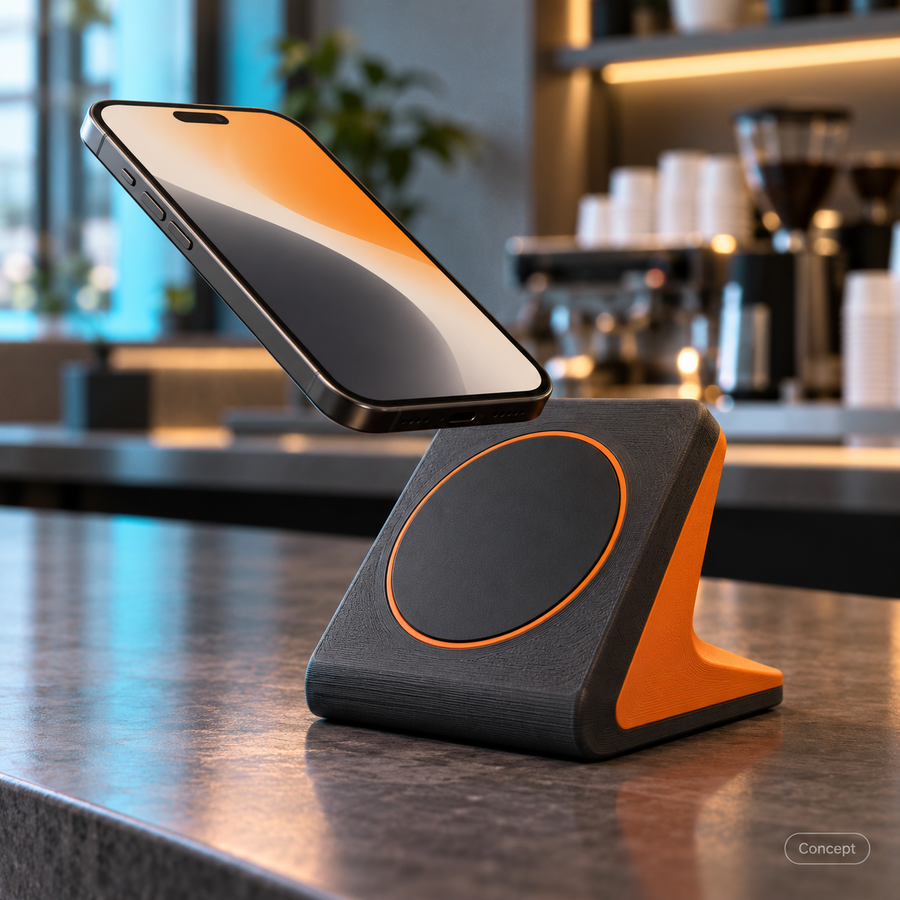 Concept of a charcoal and orange NFC stand with a phone held near its tap area.