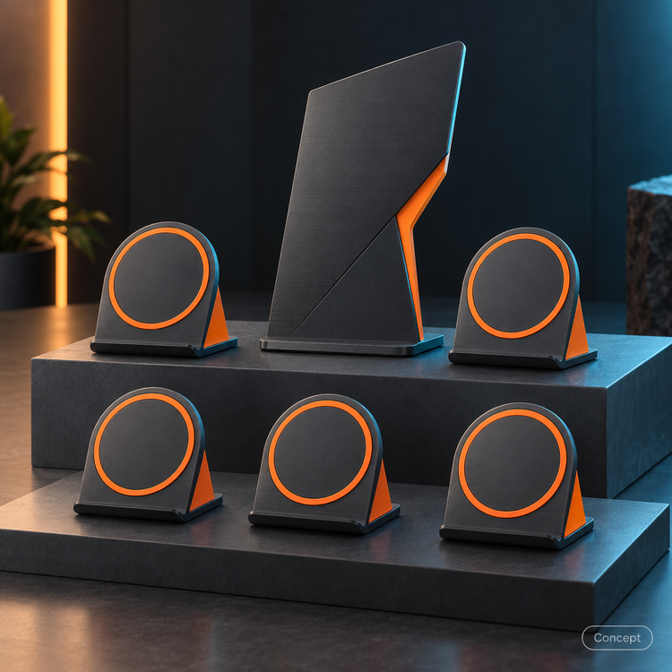 Concept of five NFC stands and one desk sign in a Counter Starter set.