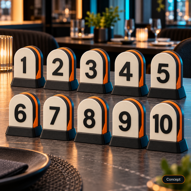 Concept of ten printed table markers numbered one through ten.